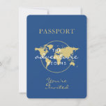 Baby Shower Passport Travel Theme Blue Gold Invitation<br><div class="desc">Navy Blue and Gold Passport Theme Baby Shower Invitation on a flat card designed for a travel theme baby boy shower - a fun way to invite guests to an "adventure begins" theme baby sprinkle. Use Zazzle's advanced editor to change colours, fonts, or adjust text arrangement for the amount of...</div>