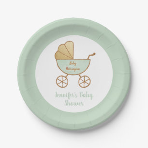 Baby Shower Pastel Mint Green Retro Carriage Paper Plate