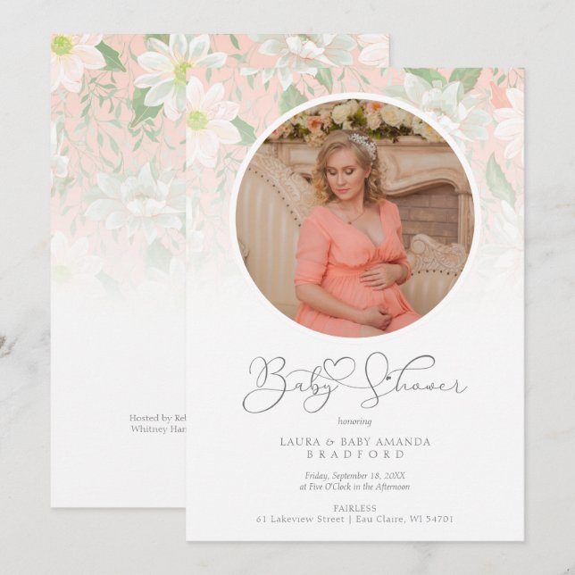 Baby Shower Peach Floral Botanical Photo (Front/Back)