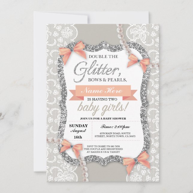 Baby Shower Peach Glitter Bow Twins Girls Invite (Front)