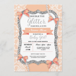 Baby Shower Peach Lace Glitter Bow Girl Invite