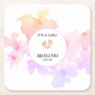 *~* Baby Shower Peach Pink Floral Feet Watercolor Square Paper Coaster