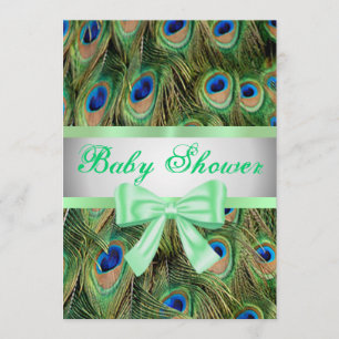 Baby shower Peacock Print Green Bow Invitation