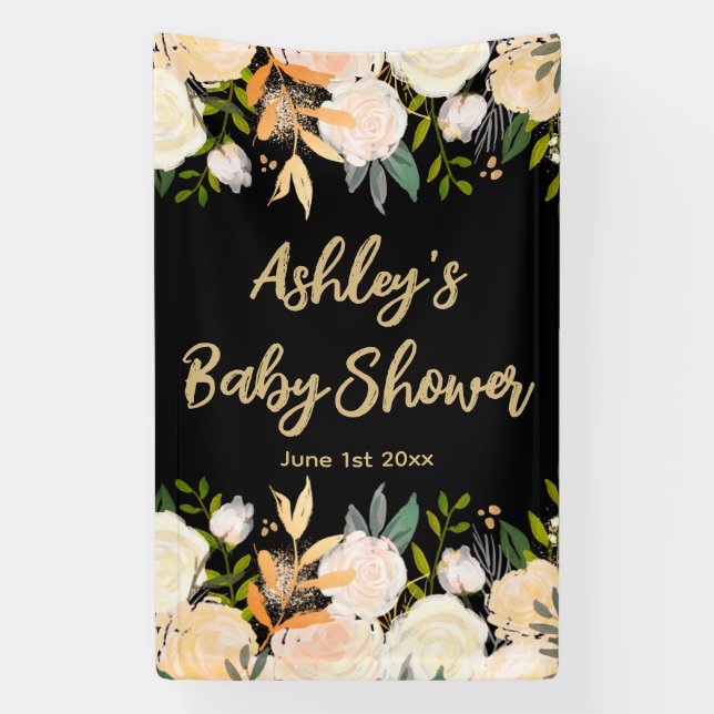 Baby Shower Photo Booth Backdrop Floral Prop Black Banner (Vertical)