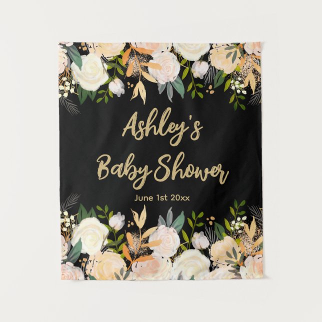 Baby Shower Photo Booth Backdrop Floral Prop Black Tapestry (Front)