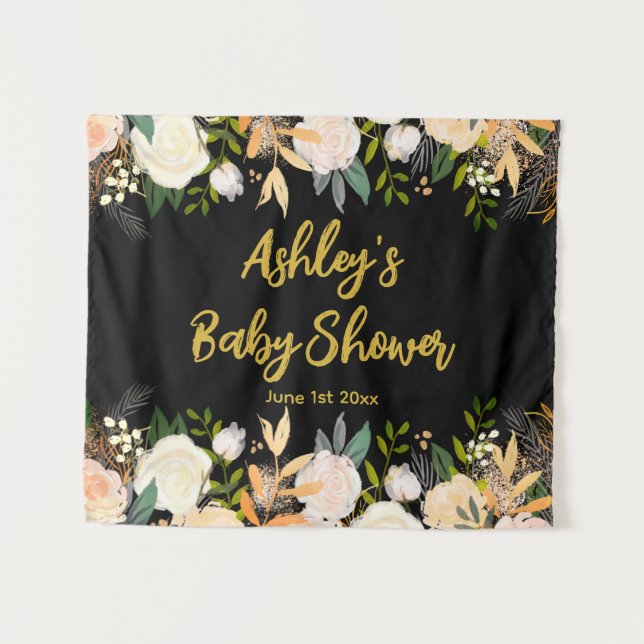 Baby Shower Photo Booth Backdrop Floral Prop Black Tapestry (Front (Horizontal))