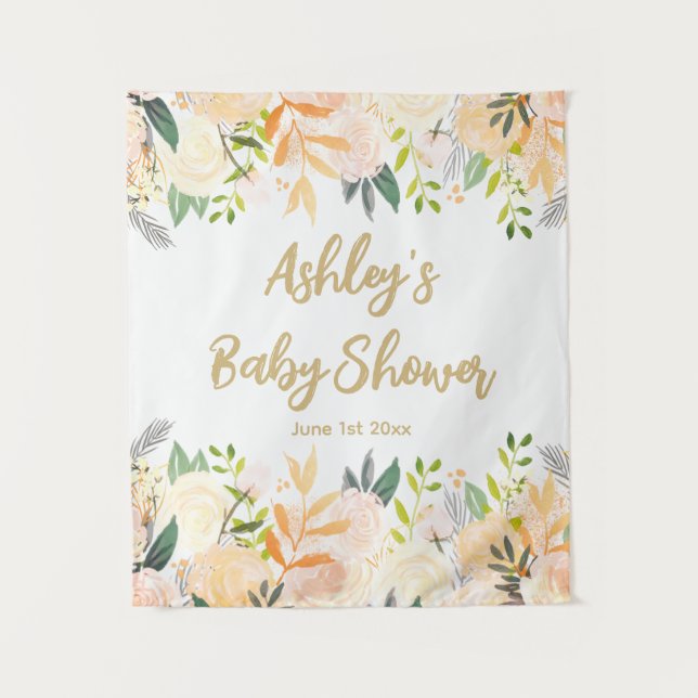 Baby Shower Photo Booth Backdrop Floral Prop Gold Tapestry (Front)