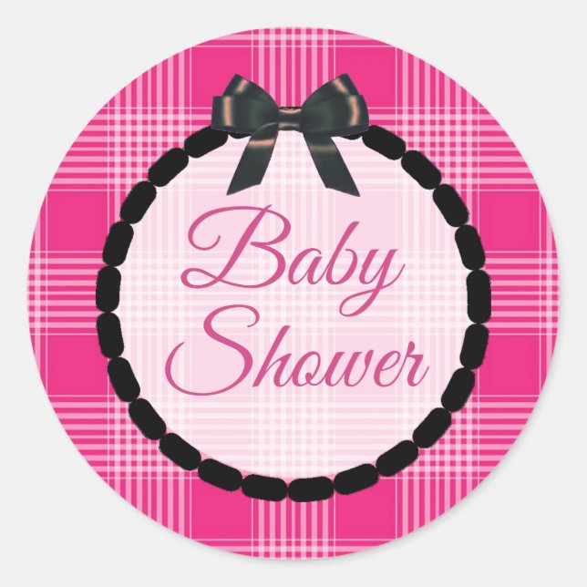 Baby Shower Pink and black Plaid and Bow Stickers (Front)