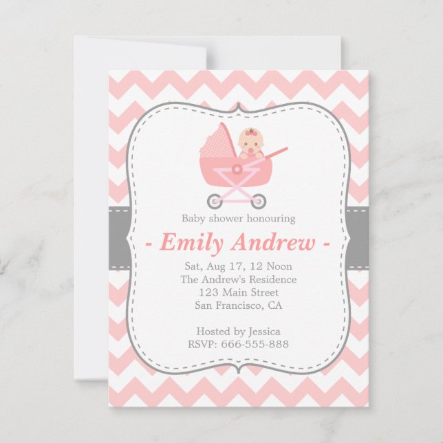 Baby Shower - Pink and White Chevron with Stroller Invitation (Front)