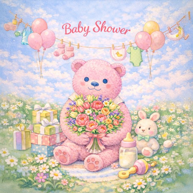 Baby Shower – Pink Bear Floral Illustration Card (Creator Uploaded)