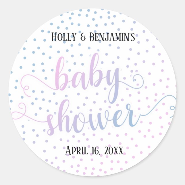Baby Shower Pink Blue Confetti, Names & Date Classic Round Sticker (Front)