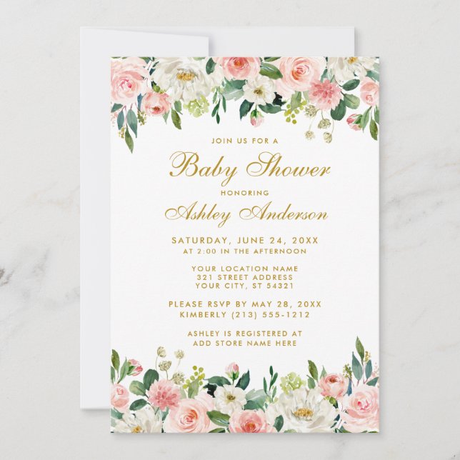 Baby Shower Pink Blush Floral White Gold Invite G (Front)