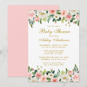 Baby Shower Pink Blush Floral White Gold Invite GP