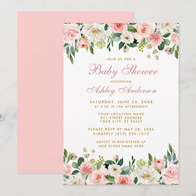 Baby Shower Pink Blush Floral White Gold Invite P (Front/Back)