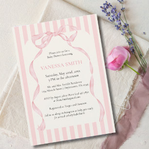Baby Shower Pink Bow Stripes Baby Girl Modern  Invitation