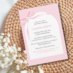 Baby Shower Pink Bow White Pearl Baby Girl Modern  Invitation