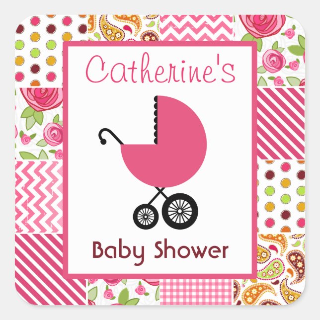 Baby Shower Pink Carriage & Girly Patchwork Square Sticker (Front)