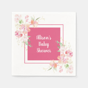 Baby Shower   Pink Coral Gold Floral Watercolor Napkin