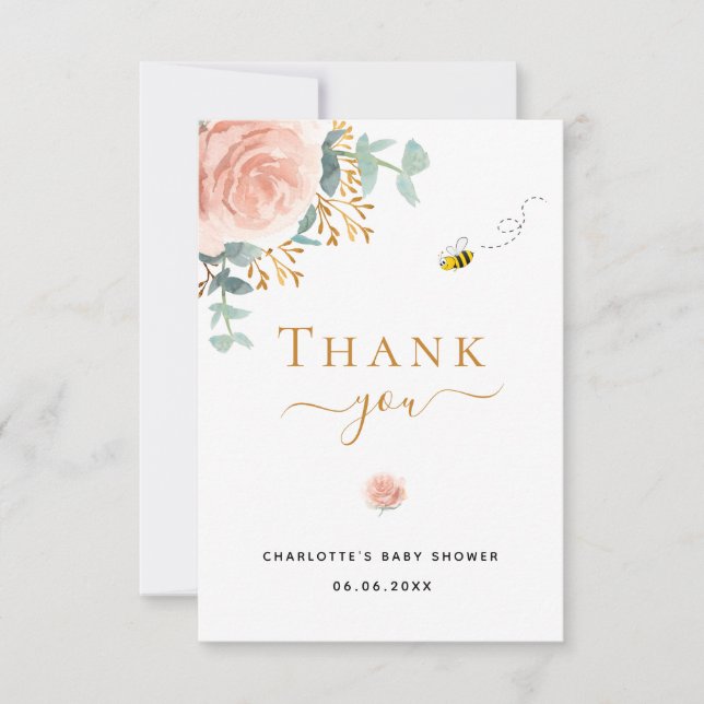 Baby Shower pink floral eucalyptus greenery bee  Thank You Card (Front)