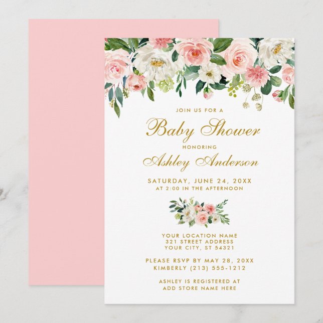 Baby Shower Pink Floral White Gold Invite P (Front/Back)