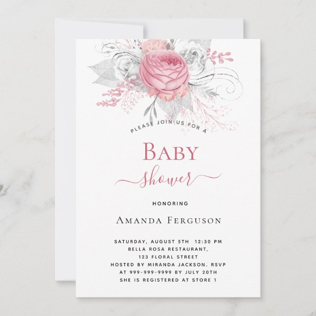 Baby Shower pink florals elegant silver white girl Invitation (Front)