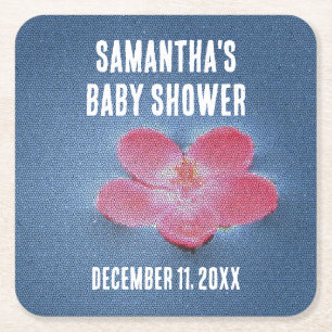 Baby Shower Pink Flower Blue Water Floral Square Paper Coaster