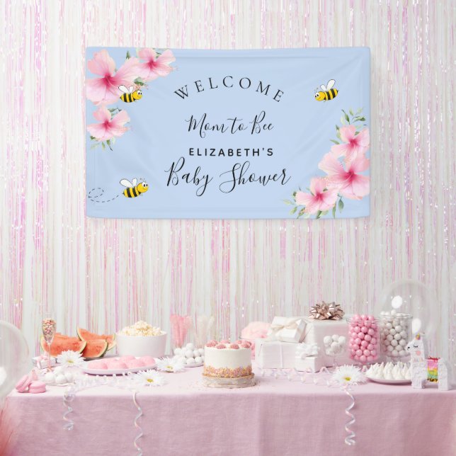 Baby Shower pink flowers boy blue mom to bee Banner (Party)