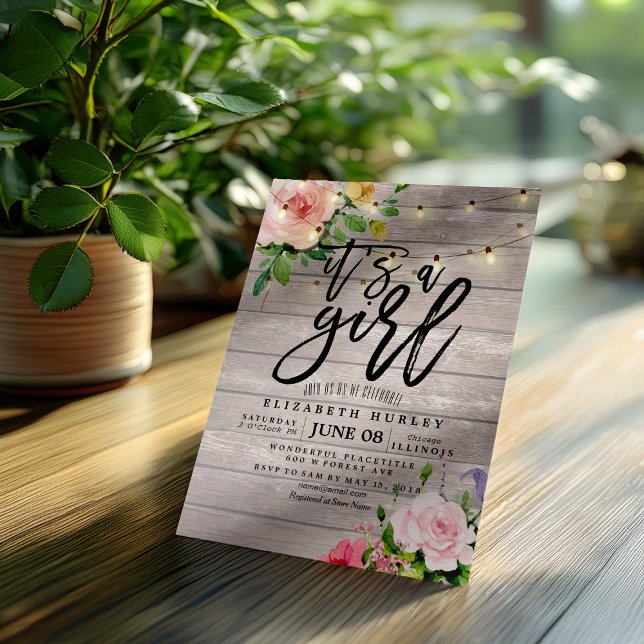 Baby Shower Pink Flowers Rustic Wood String Lights Invitation (Creator Uploaded)
