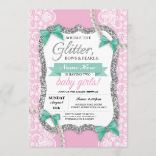 Baby Shower Pink Glitter Bow Twins Girls Invite