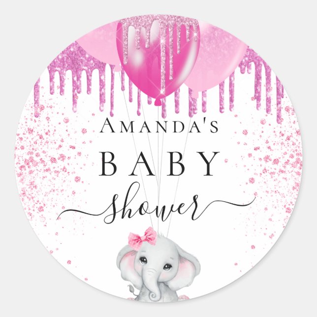 Baby Shower pink glitter elephant girl balloons Classic Round Sticker (Front)