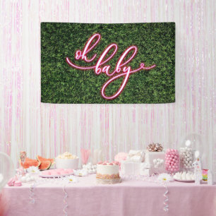 Baby Shower Pink Green Leaves Grass Greenery Banner