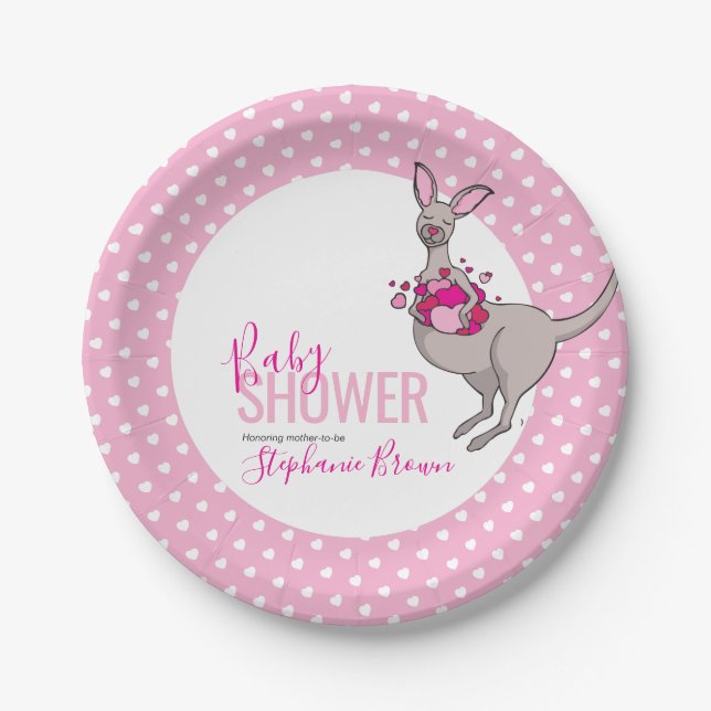 Baby shower pink heart kangaroo paper plate (Front)