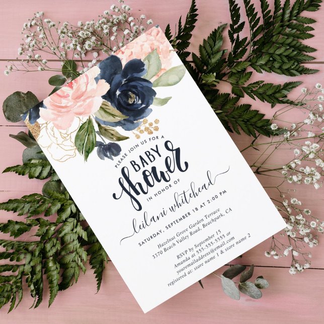  Baby Shower Pink Navy Floral Cluster Invitation (Creator Uploaded)