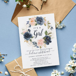  Baby Shower Pink Navy Floral Wreath Invitation
