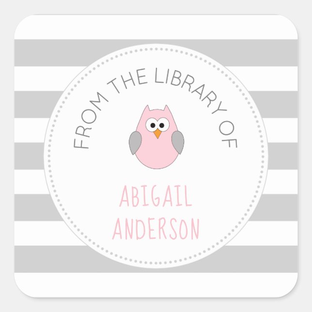 Baby Shower pink owl BOOK sticker, bookplate Square Sticker (Front)