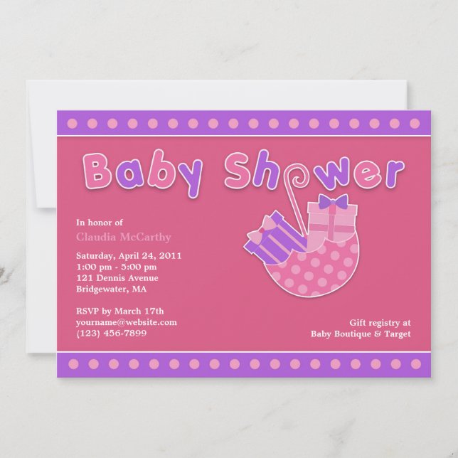 Baby Shower Pink Purple Flat Invitation (Front)