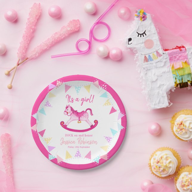 Baby shower pink rocking hobby horse custom name paper plate (Party)