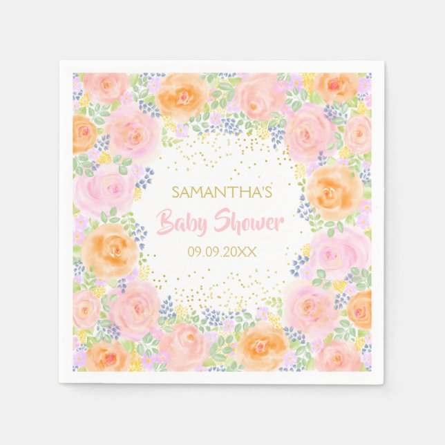 Baby Shower Pink Roses Watercolor Floral Girly Napkin (Front)