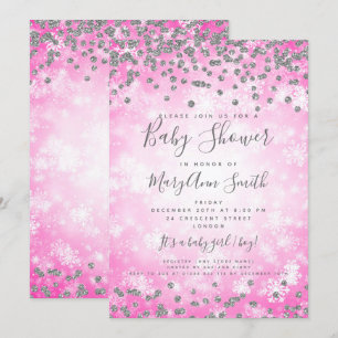 Baby Shower Pink Silver Glitter Winter Wonderland Invitation