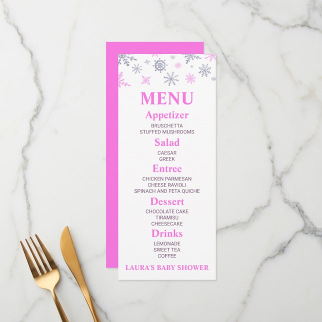 Baby shower Pink Snowflake Menu alimentaire (Devant/Arrière en situation)