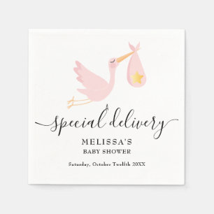 Baby Shower Pink Special Delivery Stork Gold Star Napkin