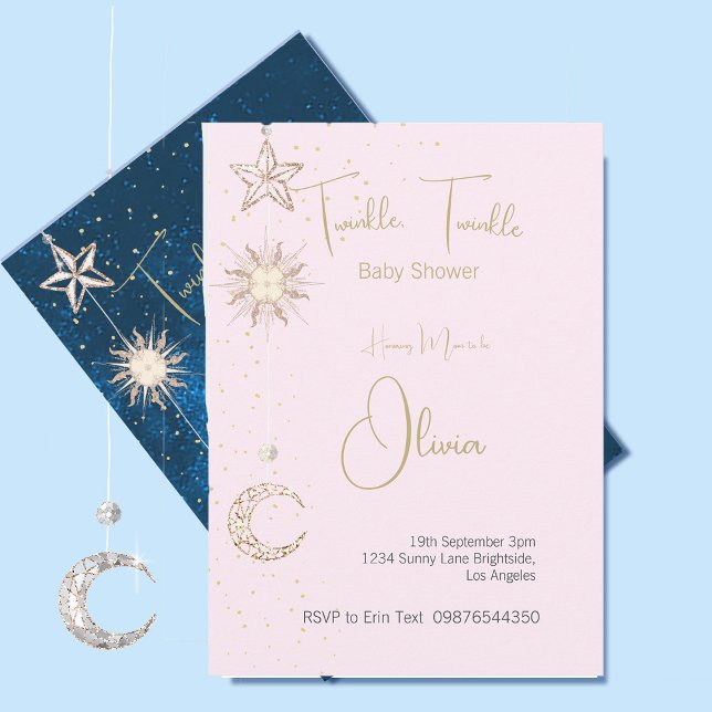Baby Shower Pink Stars Moon Twinkle  Invitation (Creator Uploaded)