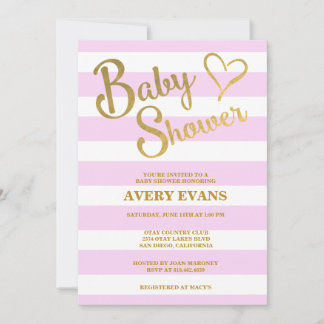 Baby Shower Pink Stripes with Gold Lettering Heart Invitation