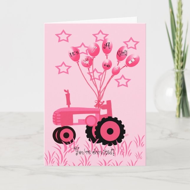 Baby Shower Pink Tractor with Balloons Invitation (Front)