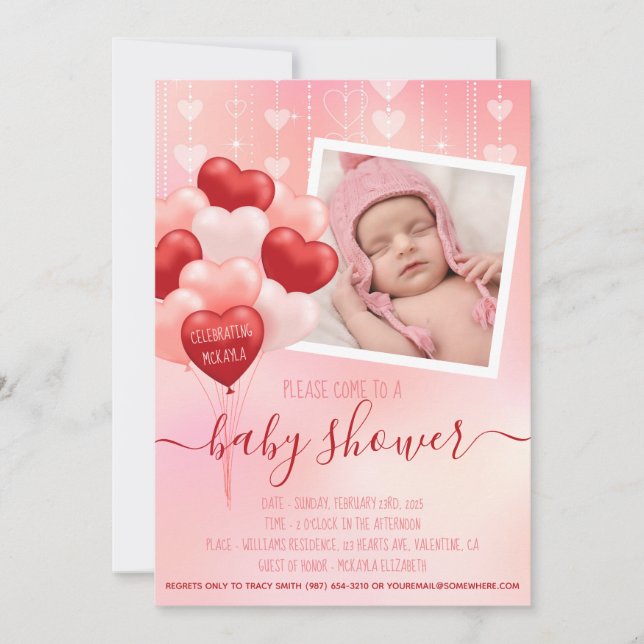 Baby Shower Pink Valentine Hearts Balloons Photo Invitation (Front)