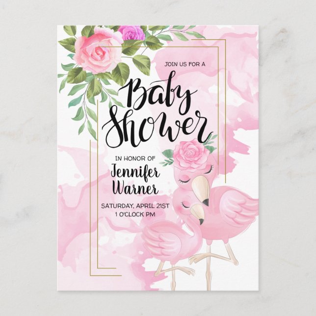 Baby Shower | Pink Watercolor Flamingo Invitation Postcard (Front)
