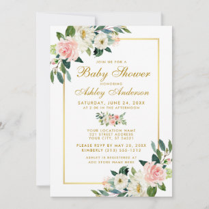 Baby Shower Pink White Gold Floral Invitation
