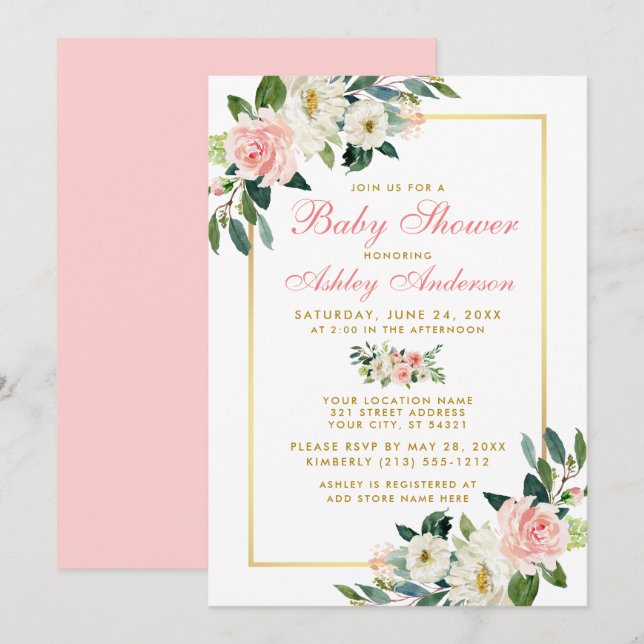 Baby Shower Pink White Gold Floral Invitation GP (Front/Back)