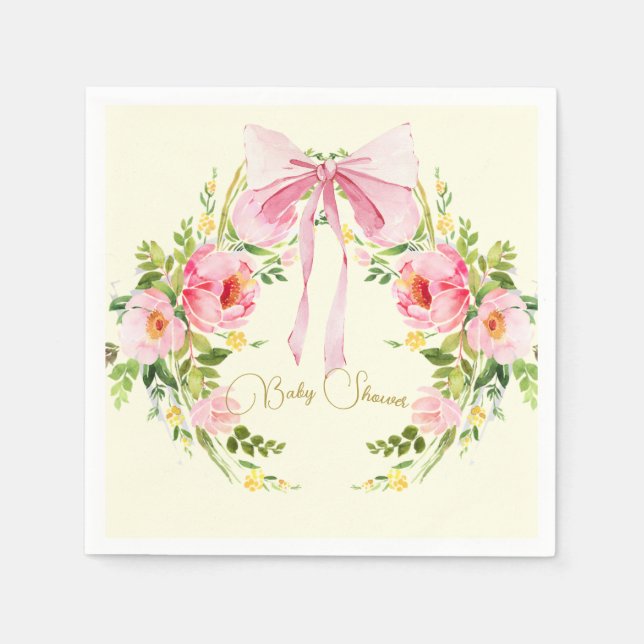 Baby Shower Pink Yellow Floral Crest Regency Bow  Napkin (Front)