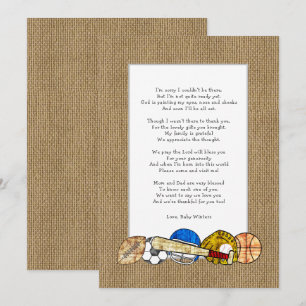Baby shower poem thank you notes, rustic sports invitation
